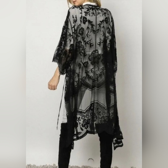 New Beautiful Vintage Look Floral Lace Kimono Duster Cover Up Black